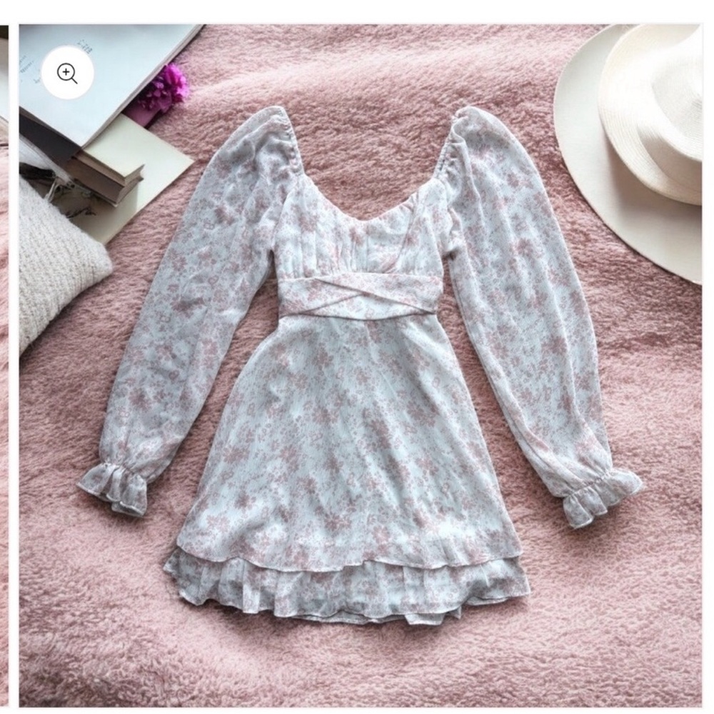 Thirty Thirty White Floral Puff Sleeve Mini Dress - Boho Ruffle Hem - Size Small